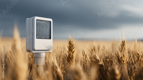 Climate adaptation technology concept, smart weather station in open field, realistic scale, clean design, environmental technology stock image