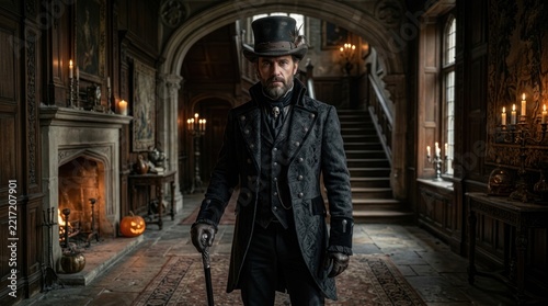 Victorian gentleman in top hat standing in gothic mansion interior