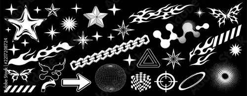 Monochrome y2k elements in halftone, brutalism style. Gothic, punk elements, geometric shapes, stars, sparkles, 3D tribal, planet. Retro y2k halftone for streetwear. Translated from Japanese: Exit