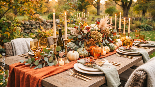 A beautifully decorated outdoor dining table with autumn foliage, pumpkins, candles, wine, and elegant tableware