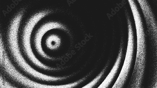 Grainy black white background with concentric circular waves with granular texture. Expanding rings emerge from tiny white points suggests vibration, frequency, resonance, signal and motion. Vector