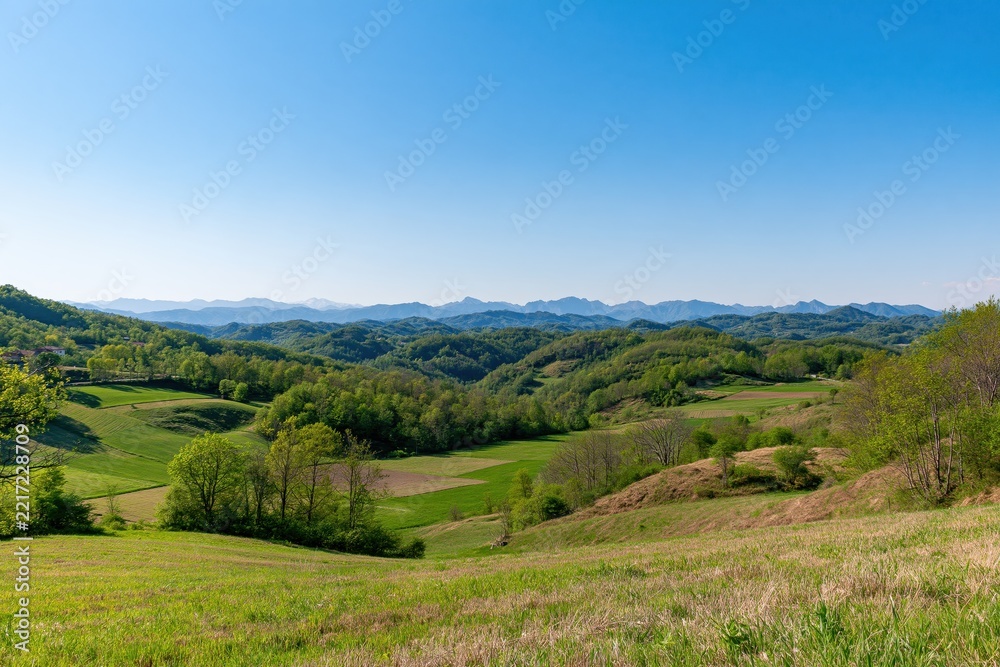 Obraz premium Rolling green hills and distant mountains under a clear blue sky