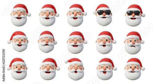 3D Santa Claus head character avatars collection with various facial expressions isolated on a transparent background