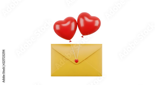 Yellow envelope with two red heart shaped balloons floating on a plain transparent background for romantic love messages