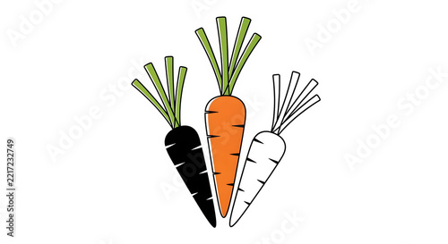 Three carrots artistic illustration featuring black orange and white vegetable designs set against a clean transparent background