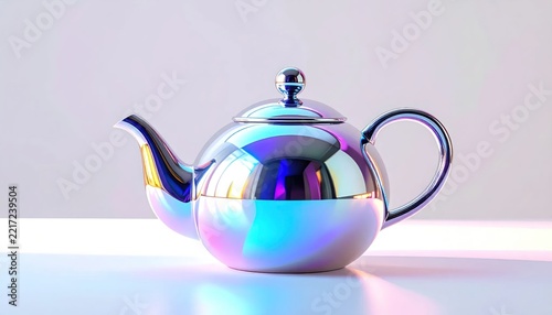 Iridescent Teapot Reflecting Colorful Light on a White Surface.