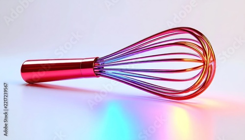 Iridescent Metallic Whisk with Colorful Lighting on White Background.