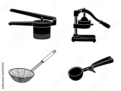 Set of kitchen tools and food preparation utensils icons for restaurant cooking, black silhouette style illustration on white