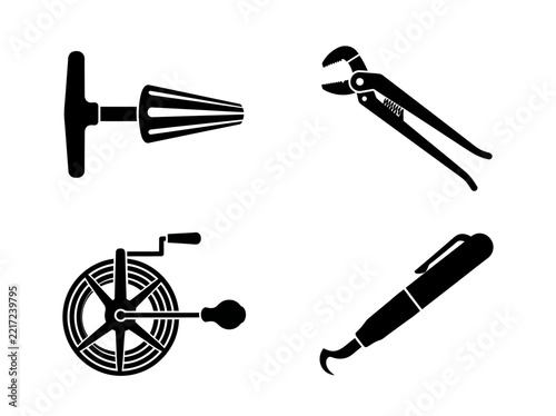 Set of Four Black Silhouette Icons Depicting Specialized Plumbing and Construction Tools for Professional Maintenance Work
