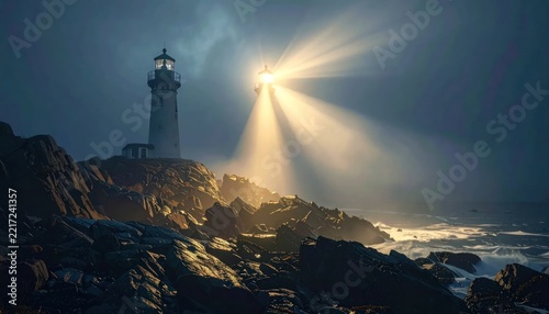Dramatic Lighthouse Beam Piercing Through Stormy Night Sky.
