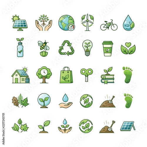 30 Eco Sustainability Icons Set With Renewable Energy Recycling Nature and Green Lifestyle Symbols for Sustainable Business Environmental Branding Clean Technology and Eco Friendly Design