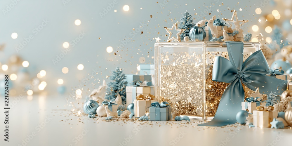 Fototapeta premium Elegant holiday scene featuring a large glitter-filled gift box with blue ribbon surrounded by miniature trees and baubles.