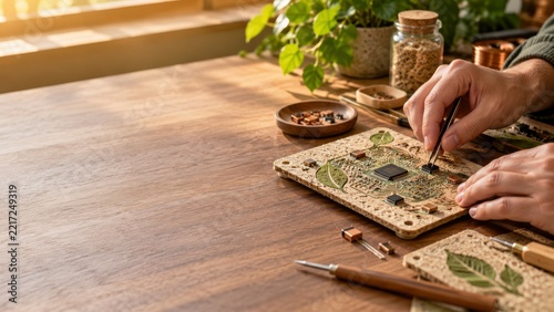 Close up hands assembling sustainable circuit board on wood table technician assembling eco friendly circuit board with natural materials