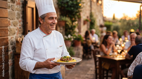 respectable italian chef in traditional hat and uniform serving gourmet dish warm golden hour light authentic culinary portrait