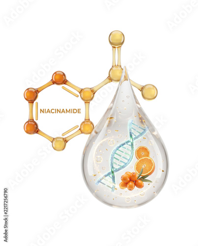 Niacinamide molecule with orange and DNA in a clear serum drop