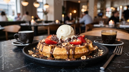Decadent chocolate waffle served with creamy vanilla ice cream and fresh strawberries in a stylish cafe setting
