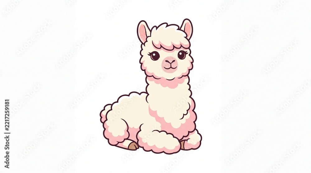 Fototapeta premium Adorable fluffy white llama sitting illustration, cute cartoon alpaca sticker icon vector on white background
