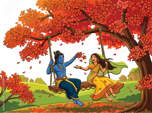 Lord krishna and radha sitting on a wooden swing under a blooming gulmohar tree, indian hindu deities