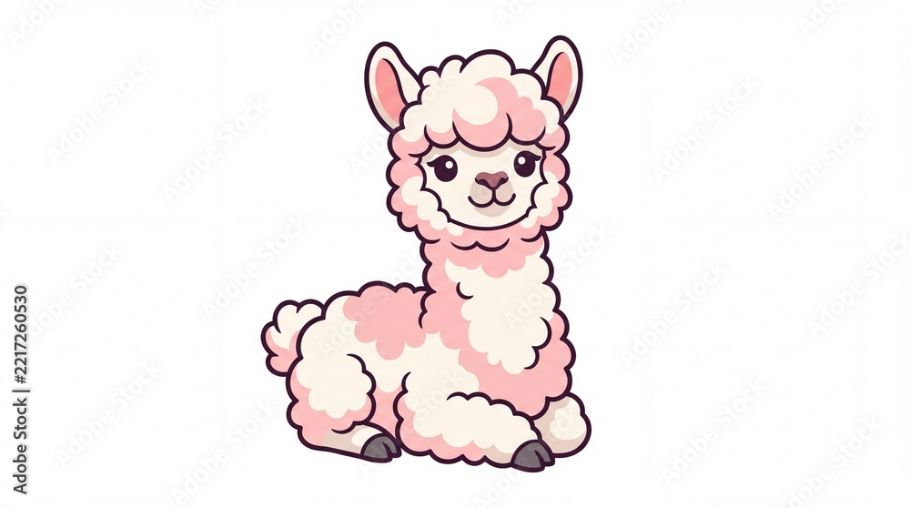 Fototapeta premium Adorable fluffy pink alpaca sitting down, cute cartoon llama sticker design isolated on white background for nursery decor and children art