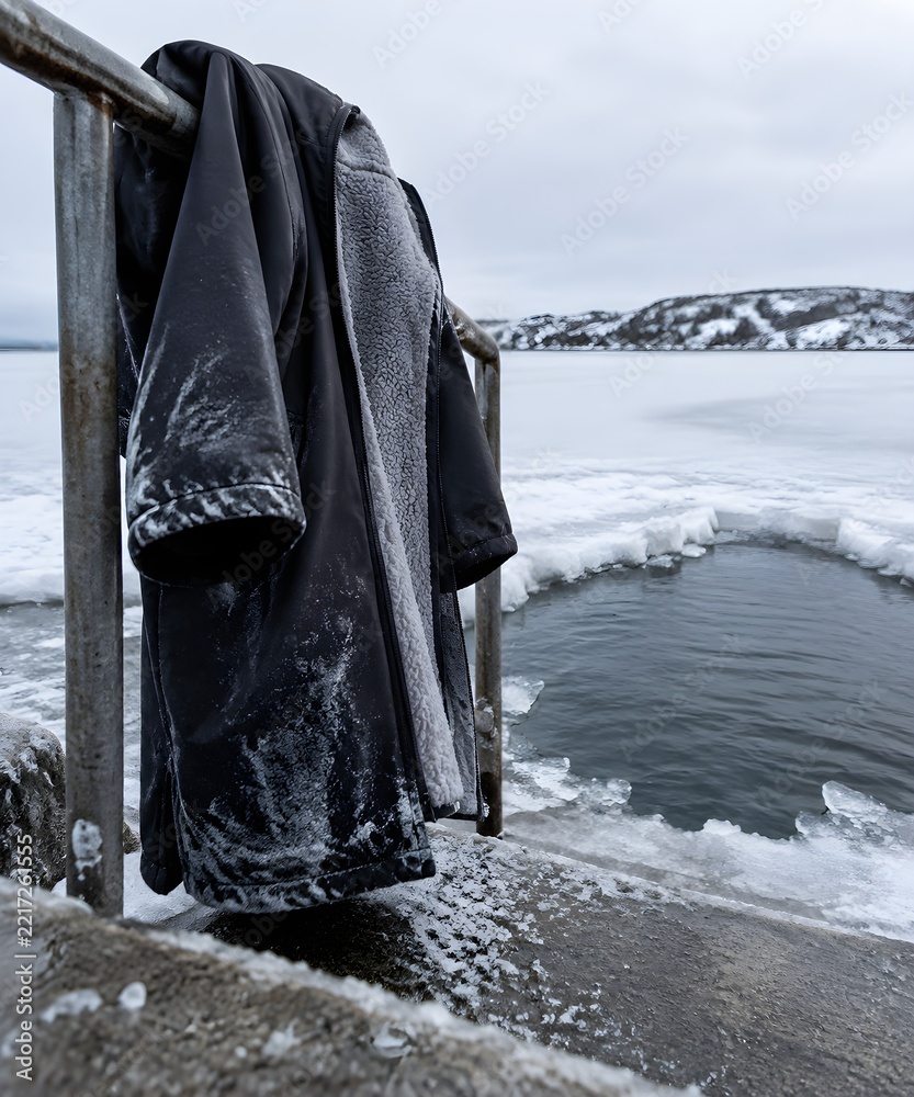 Fototapeta premium Warm fleece dryrobe hanging on metallic slipway railing beside winter ice hole