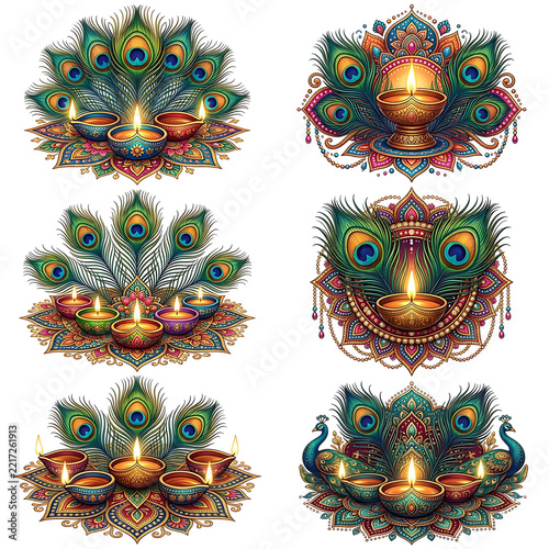 Diwali peacock feather diyas isolated on a transparent background