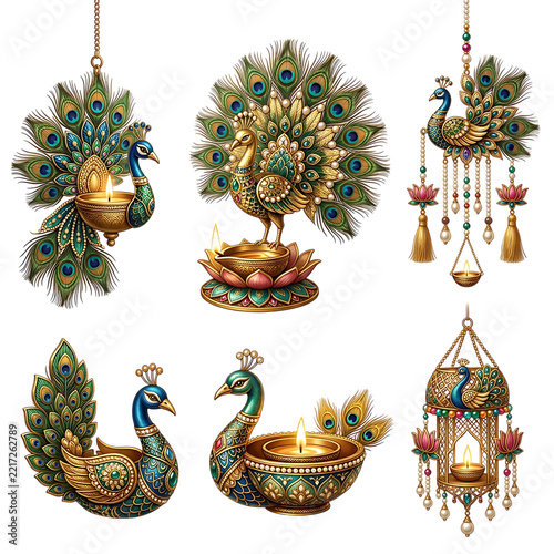 Peacock diwali lamp set isolated on a transparent background
