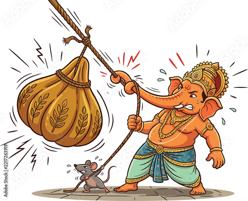 Lord ganesha and his mouse vehicle pulling a heavy sack of grain, cartoon style hindu deity