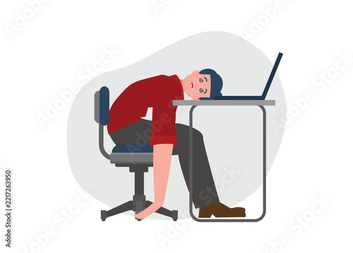 A man having digital fatigue in front of laptop. Simple flat illustration.