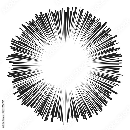 丸く広がる爆発の集中線、黒の漫画の効果素材