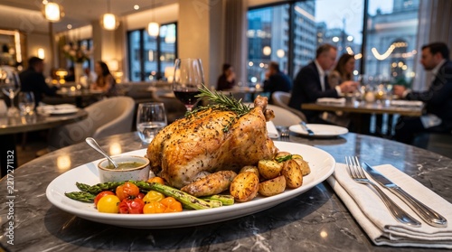 Gourmet Roasted Whole Chicken Dinner Served with Fresh Vegetables and Roasted Potatoes