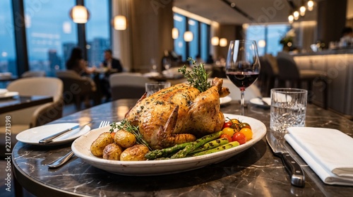 Perfectly golden roasted whole chicken, artfully presented on a platter in a luxurious fine dining restaurant