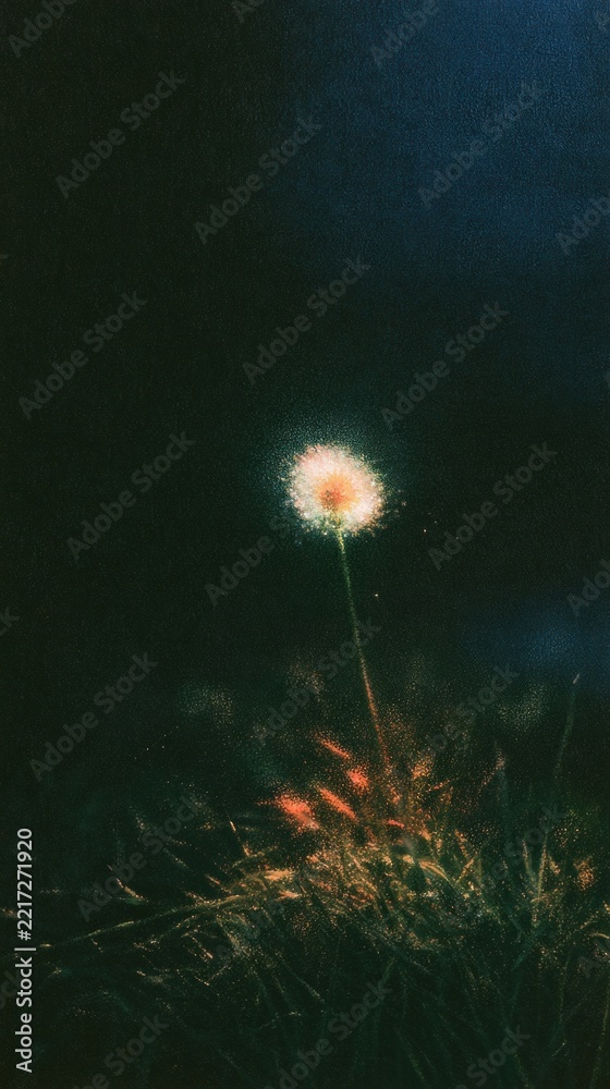 Fototapeta premium Dark moody dandelion wallpaper with glowing bokeh for mobile phone