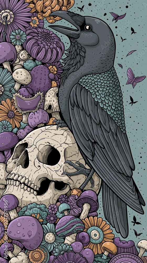 Fototapeta premium Intricate line art drawing of a black raven sitting on a human skull among whimsical mushrooms and flowers in a cool purple and teal color palette for fantasy gothic concept art.