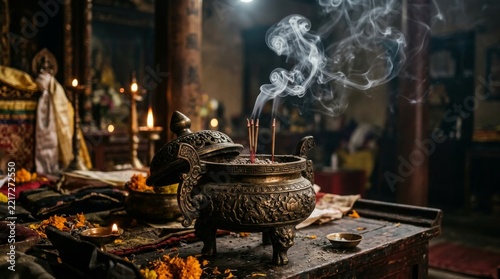 Traditional ornate incense burner emitting smoke in dimly lit ceremonial setting