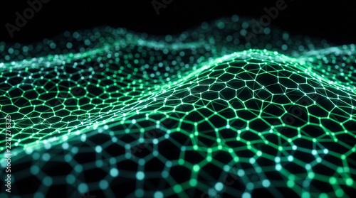 Abstract Green Digital Neural Network Wave Pattern Illustrating Complex Data Connectivity and Artificial Intelligence