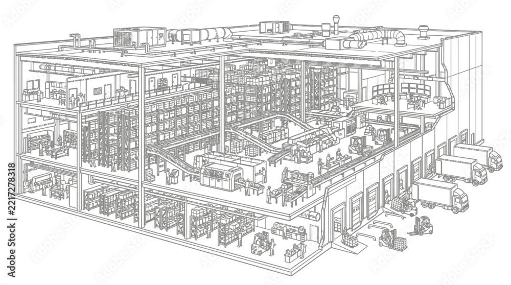 Obraz premium Detailed cutaway illustration of a high-rise office building showcasing interior workspaces, meeting rooms, and staircases for corporate architectural planning.