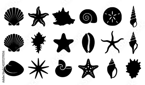 Seashell and Starfish Silhouette Collection Summer Beach Vector Set