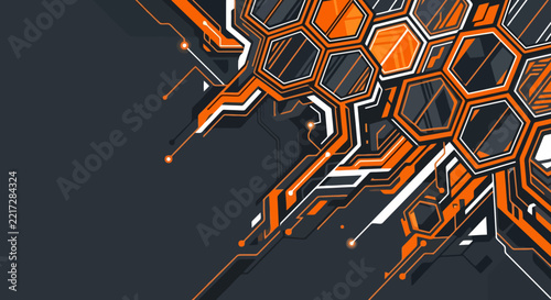 Futuristic orange hexagon technology background design featuring cyber circuit patterns and geometric shapes