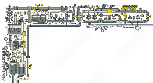 Isometric pipe system vector frame with growing plants and solar panels