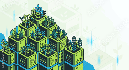 Isometric farming illustration featuring stacked green agricultural modules
