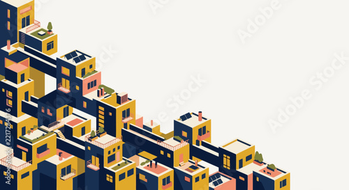Isometric modern city architecture with geometric modular buildings
