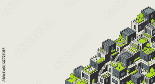 Isometric eco friendly green roof urban neighborhood with modern buildings and tiny people