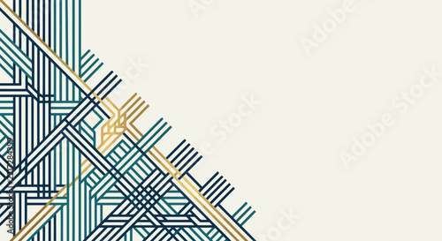 Abstract geometric lines in blue and gold forming a modern pattern on cream background