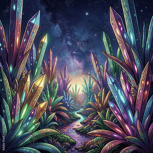 Illustration of a  vibrant, bioluminescent alien jungle thriving on a distant planet, with towering, crystalline flora that pulse with internal light