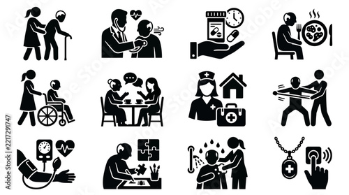 Set of healthcare and medical icons depicting elderly care and patient services with healthcare physician hospital treatment medicine wellness wheelchair pressure monitors pharmacy nutrition