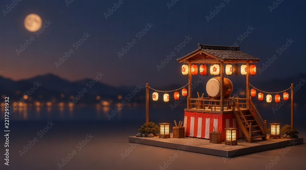 Obraz premium Japanese Festival Stage with Taiko Drum and Lanterns at Night