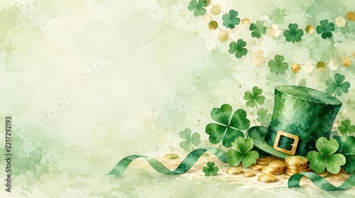 Leprechaun Hat with Shamrocks and Copy Space for St Patricks Day