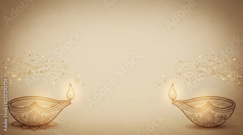 Elegant Minimalist Diwali Diyas with Ornate Gold Patterns, Floating Sparks on a Soft Beige Background, Ideal for Invitations.