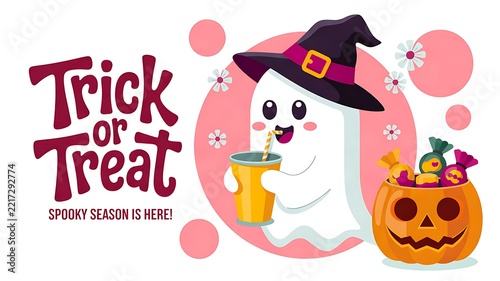Trick or treat halloween greeting with cute ghost and pumpkin characters