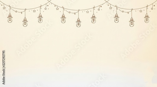 Charming Hand-Drawn String Lights Garland with Stars and Snowmen, Simple Sketch on a Plain Background, Festive Decoration.